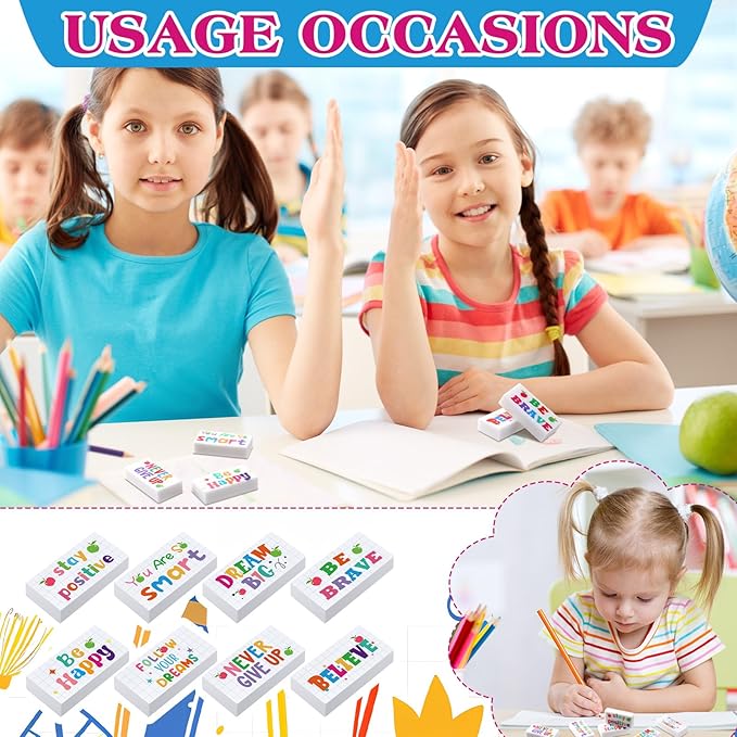 100 Pcs Inspirational Pencil Erasers Bulk for Kids Fun Motivational Eraser School Supplies Back to School Office Supplies for Classroom Office Teacher Artists (Lovely)