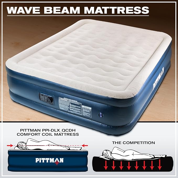 Pittman Outdoors Queen Air Mattress – 20” Deluxe Blue Double High, Queen Air Mattress with Built in Pump, 600lb Capacity, Portable Inflatable Bed with Carry Bag, Blow Up Mattress for Home & Travel
