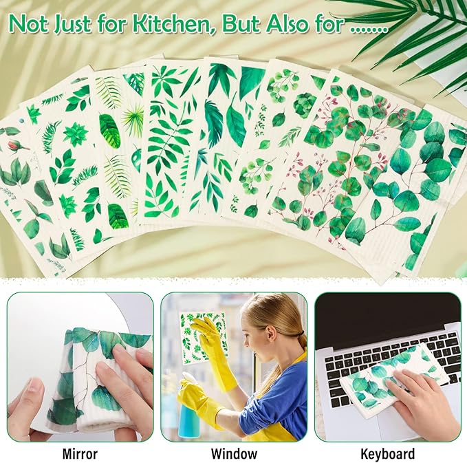 Lucomb 8 Pack Swedish Dish Cloths Washable, Reusable Cleaning Kitchen Paper Towel Sponge Dishcloths, Fast Drying Absorbent Hand Wipes Odorless Tea Towel for Kitchen Home Bar (Plants)