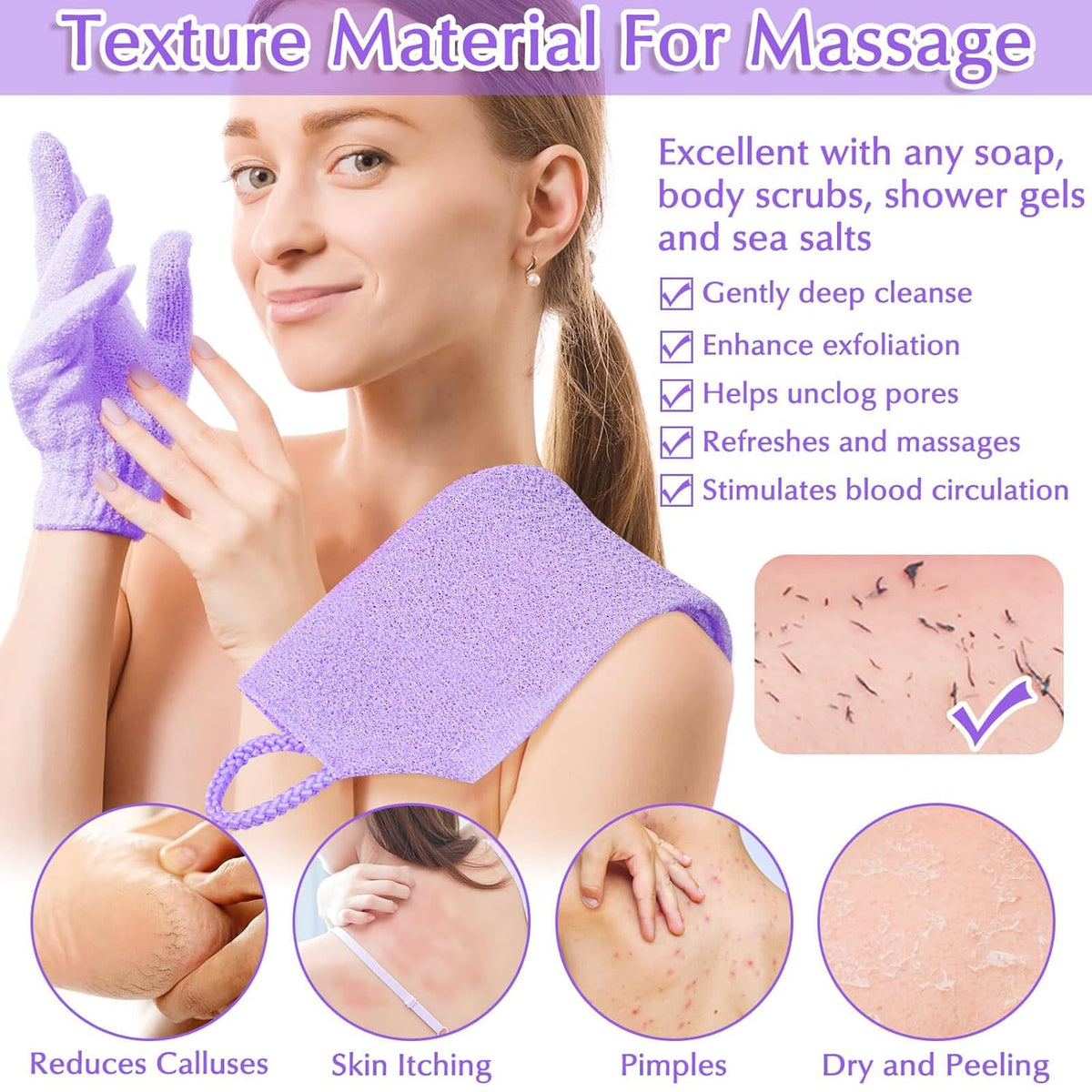 Anezus Exfoliating Back Scrubber Bath Gloves Set, Exfoliating Shower Towel with Shower Gloves for Body Scrub, Back Cleaner Wash Gloves to Remove Dead Skin (Purple)