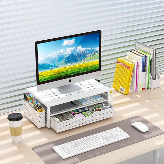 gianotter Desk Organizers and Accessories, Monitor Stand with Drawer and 2 Pen Holder, Desktop Organizer Suitable for Offices and Dormitories (White)
