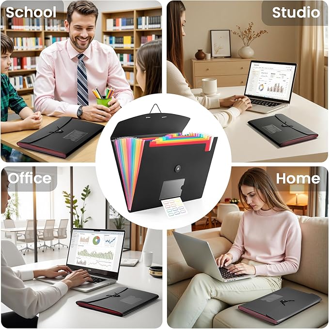 13 Pocket Accordion File Organizer with Elastic Closure, Expanding File Folder for Letter Size A4 Papers, Ideal for Home, Office Supplies, College Essentials - Black