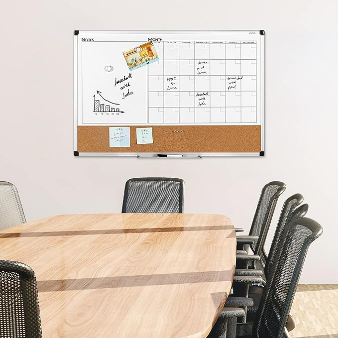 VUSIGN Monthly Calendar Whiteboard Dry Erase Cork Board Combo, 24" x 36" Planning Board, Silver Aluminium Frame