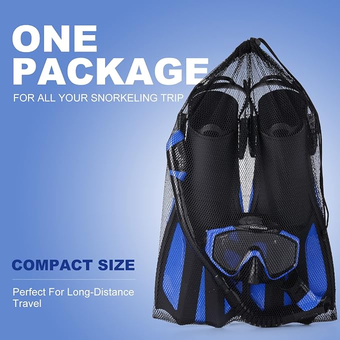 Odoland Snorkel Set, Adults Snorkeling Packages with Dry Top Diving Mask, Adjustable Swim Fins, Mesh Bag, Anti-Fog Anti-Leak Snorkeling Gear for Men Women