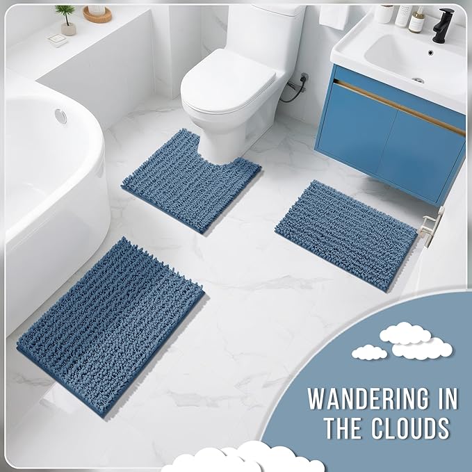 Yimobra Bathroom Rugs Non Slip Washable 24x17 Inch - Ultra Soft Absorbent Chenille Bath Mat, Quick Dry Shaggy Floor Carpet for Tub Shower, Denim Blue Home Decor Accessories
