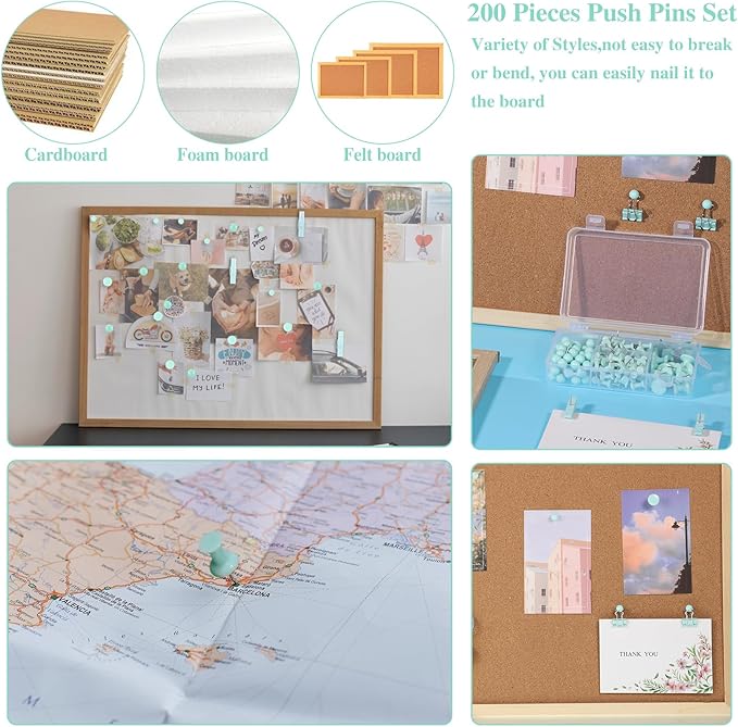 BESARME 200 Pieces Push Pins Set, 5 Types Green Thumb Tacks Cute Decorative Push Pins for Wall Cork Board Bulletin Boards with Storage Box