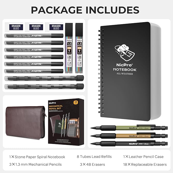 Nicpro 1.3mm Mechanical Pencil Set in Leather Bag with Lead Refill Black & Colors, Erasers- Weatherproof Metal Heavy Duty Carpenter Pencil & Spiral Notebook for Outdoor Drafting Marking Drawing
