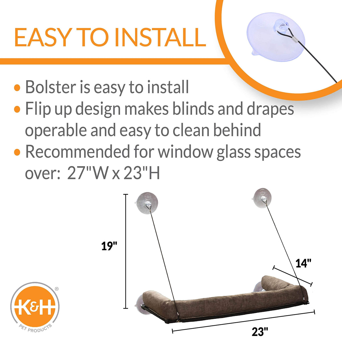 K&H Pet Products EZ Mount Bolster Cat Window Perch for Large Cats, Sturdy Kitty Window Hammock Bed, Steel Frame, Sturdy Suction Cups, Washable Shelf Covers, Foldable - Fits 27"W X 23"H Glass Spaces