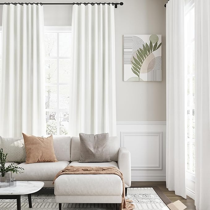 Nanspring Ivory Linen 100% Blackout Curtains 2 Panels Set Back Tab Rod Pocket Thermal Insulated Textured Black Out Curtains for Bedroom Living Room 52x98