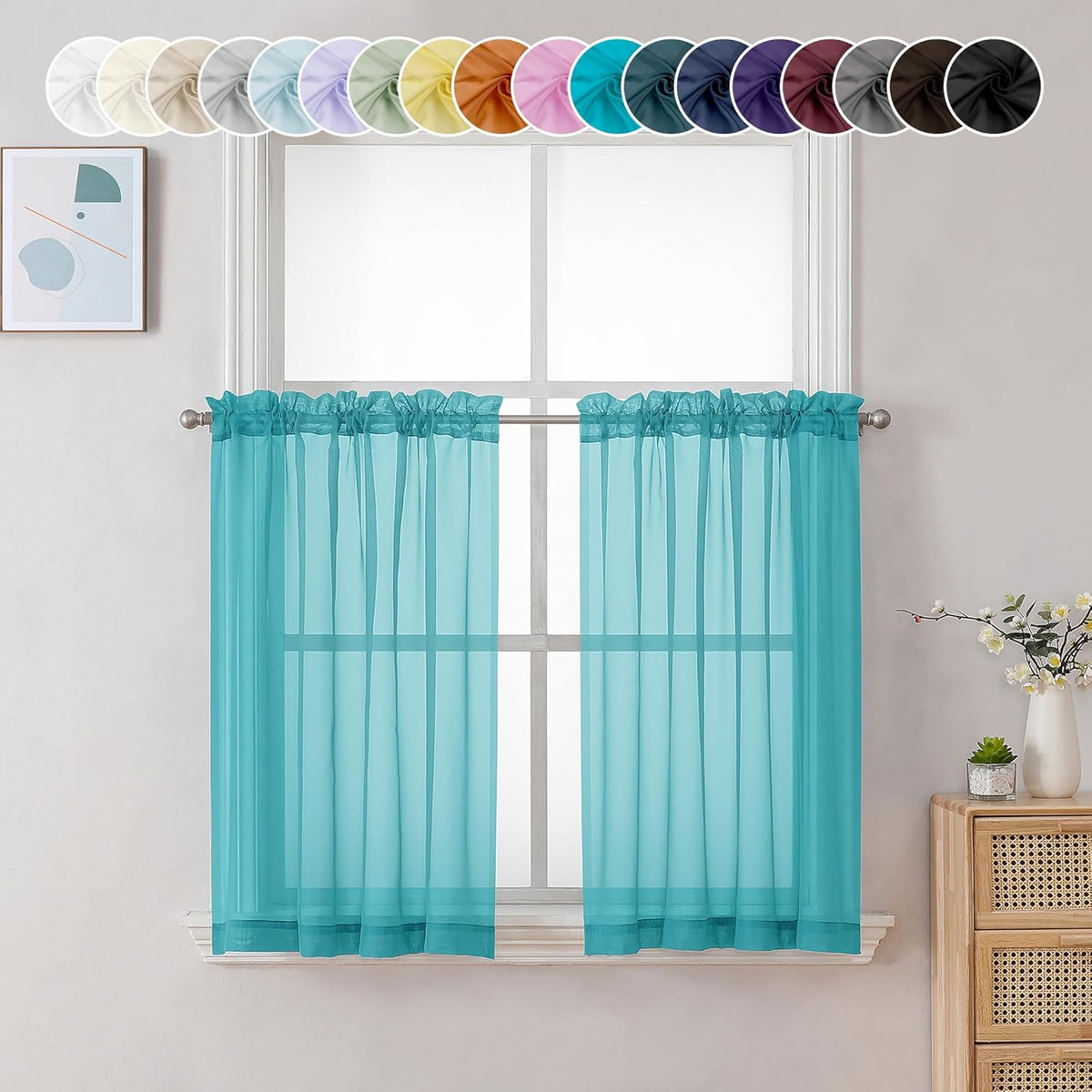 Chyhomenyc Sheer Turquoise Tier Curtains 24 Inch Length, Small Window Curtains Treatment for Bathroom Living Room Basement, Short Rod Pocket Cafe Curtain, 42W x 24L Inches, 2 Panels