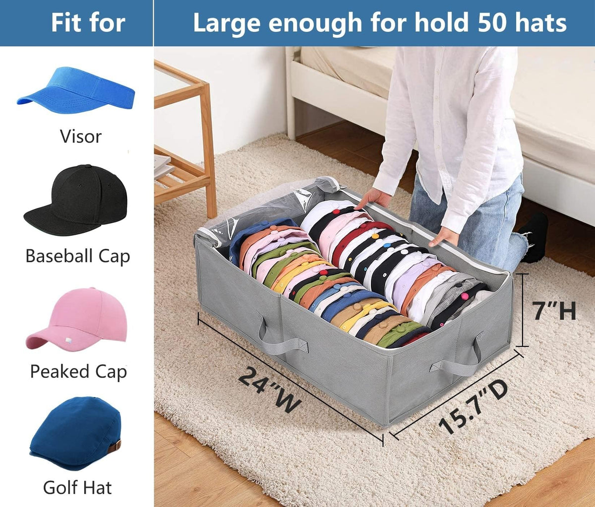 AOODA Large Hat Storage Box for Baseball Caps, Holds Up to 50 Caps Wide Hat Organizer for Closet with Cardboard, Under Bed Snapback Holder, Grey