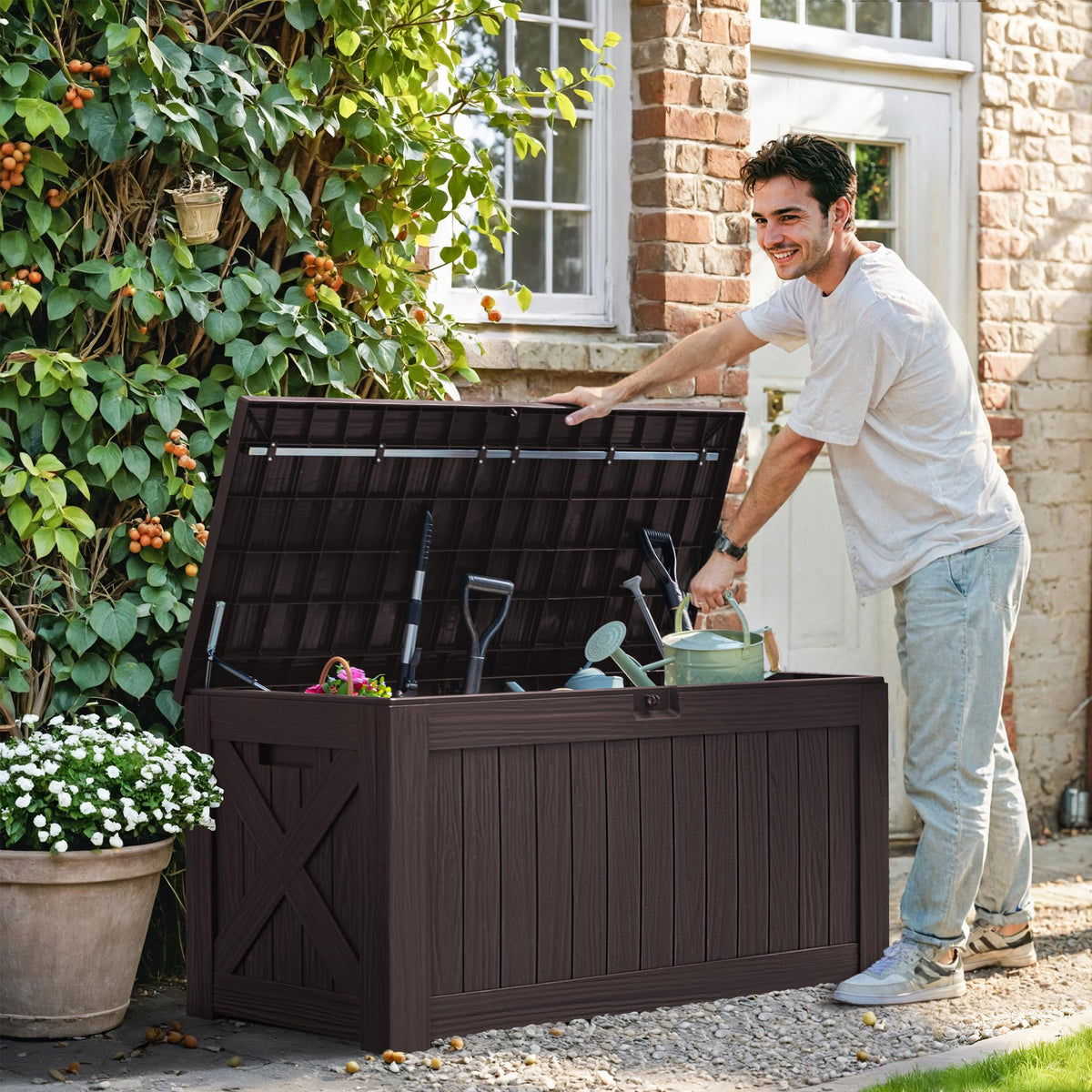Greesum 120 Gallon Deck Box, Resin Outdoor Storage Container for Patio Furniture, Garden Tools, Pool Accessories, Weatherproof, Lockable, Brown