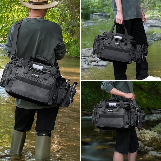 Goture Fishing Tackle Bag, Store Up to 4PCS 3700 Plus 2PCS 3600 Tackle Trays(Not Included), 600D Soft Side Gear Fishing Bag with Rod Straps,Detachable Water Bottle Pouch,Waterproof Bottom,SBS Zippers