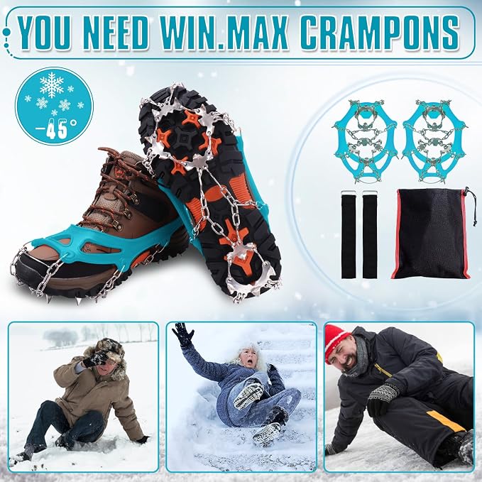 WIN.MAX Crampons for Shoes, Traction Cleats Ice Snow Grips with 19 Stainless Steel Spikes, Shoe Talons Anti - Slip Boots Spikes for Walking, Jogging, Climbing and Hiking