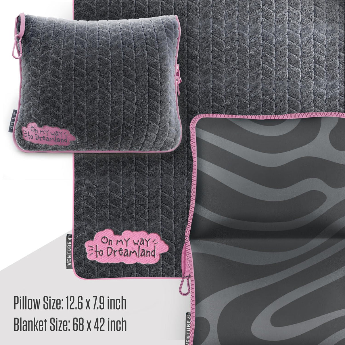 VENTURE 4TH Travel Blanket Pillow – Premium Ultra-Soft & Warm 2-in-1 Blanket or Pillow for Airplane, Car & Bus – Compact, Lightweight & Portable – Lint-Free, No Shedding, No Pilling - Gray/Pink
