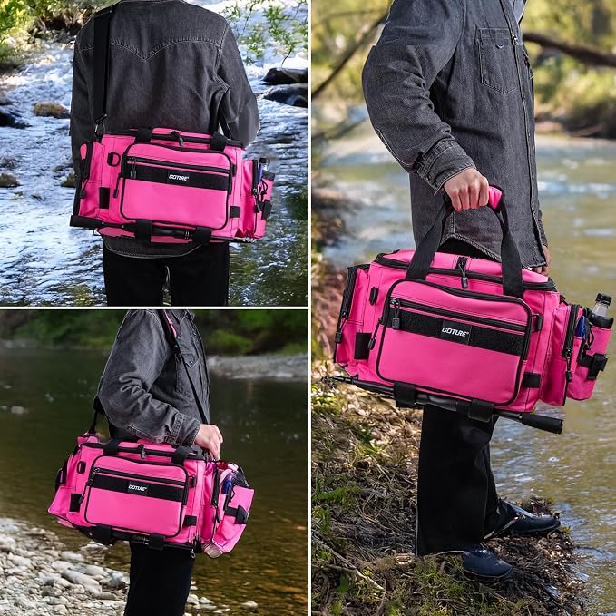 Goture Fishing Tackle Bag,Store Up to 4PCS 3700 Tackle Boxes(Not Included),600D Soft Side Water-Resistant Saltwater Gear Storage Fishing Bag with Rod Straps,Detachable Water Bottle Pouch,SBS Zippers