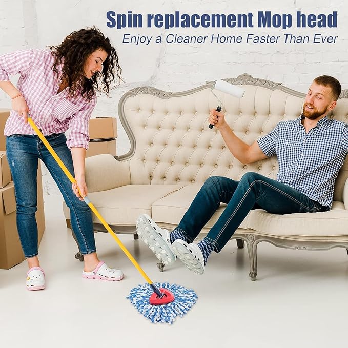 RinseClean Spin Mop Head Refill for Vileda EasyWring 2-Tanks System - Rotating Microfiber Triangle Replacement Pads Washable & Reusable fit All Floor - 6 Cloth 1 Mop Base