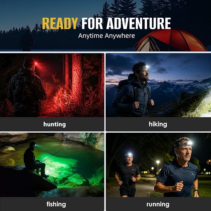 HOKOILN 3-Pack LED Headlamp Rechargeable with Green & Red Light -1300 Lumen Ultra-Bright Flashlight Headlight for Camping, Running, Hiking, Fishing - Waterproof with 7 Modes