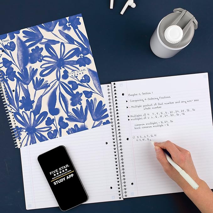 Five Star Spiral Notebook + Study App, 1 Subject, College Ruled Paper, 8-1/2" x 11", 80 Sheets, Fights Ink Bleed, Water Resistant Cover, Soft Petals Blue (820441F-ECM)