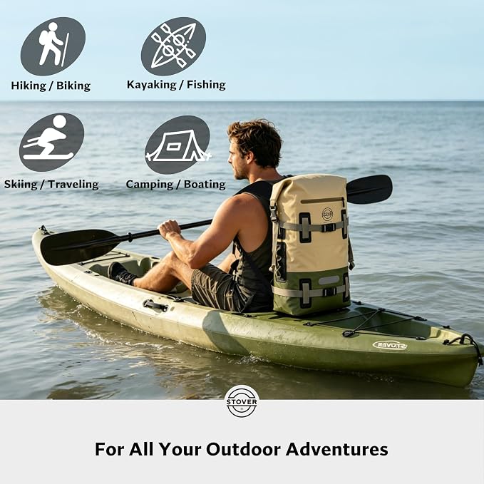 STOVER 40L Waterproof Dry Backpack & Phone Case - X-Large Floating Dry Bag for Kayaking, Travel, Hiking, Fishing, Camping, Motorcycles & Beach, Heavy-Duty Roll Top Men/Women (Tan/Army Green/Brown)