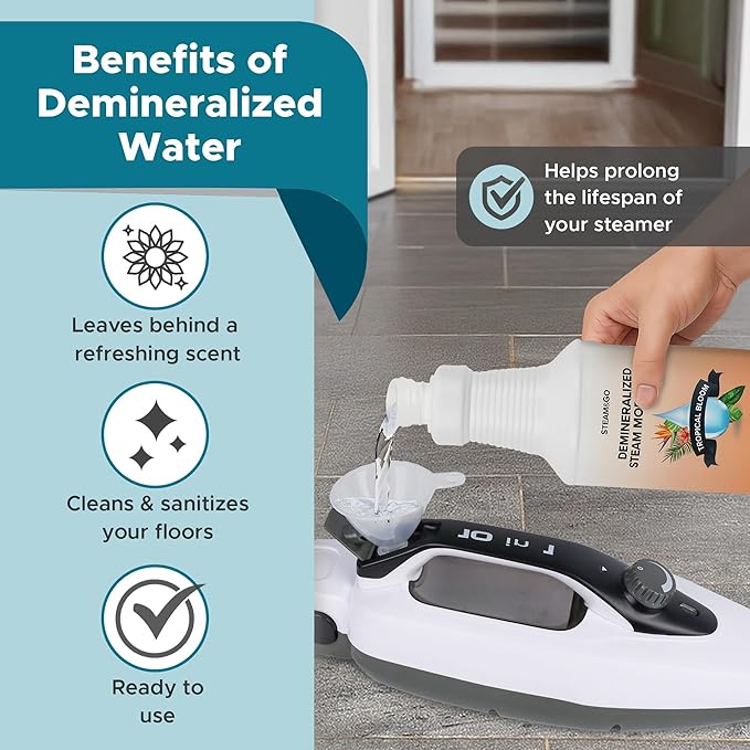 Steam & Go Demineralized Water for Steam Cleaner - PVC-Free Floor Cleaning Solution Compatible for All Steam Mops - Multi-Surface Cleaner for Home Surfaces - Tropical Bloom Scent, 32 oz (Pack of 18)