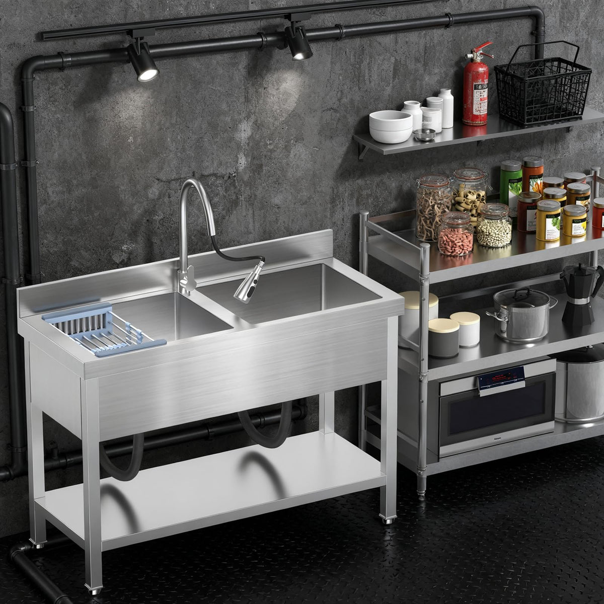 Stainless Steel Utility Double Bowl Sink with Faucet ,Drainboard & Lower Shelf - Heavy Duty Kitchen Prep & Cleaning Station for Restaurant, Garage, Laundry Room.
