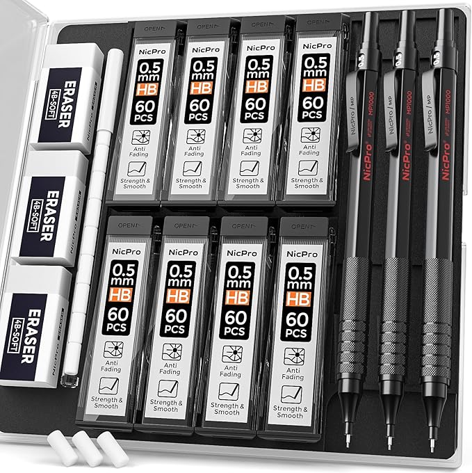 Nicpro 0.5 mm Mechanical Pencils Set with Case, 3 Metal Artist Pencil With 480PCS HB Lead Refills, 3 Erasers,9 Eraser Refills For Architect Art Writing Drafting, Drawing, Engineering, Sketching, Black