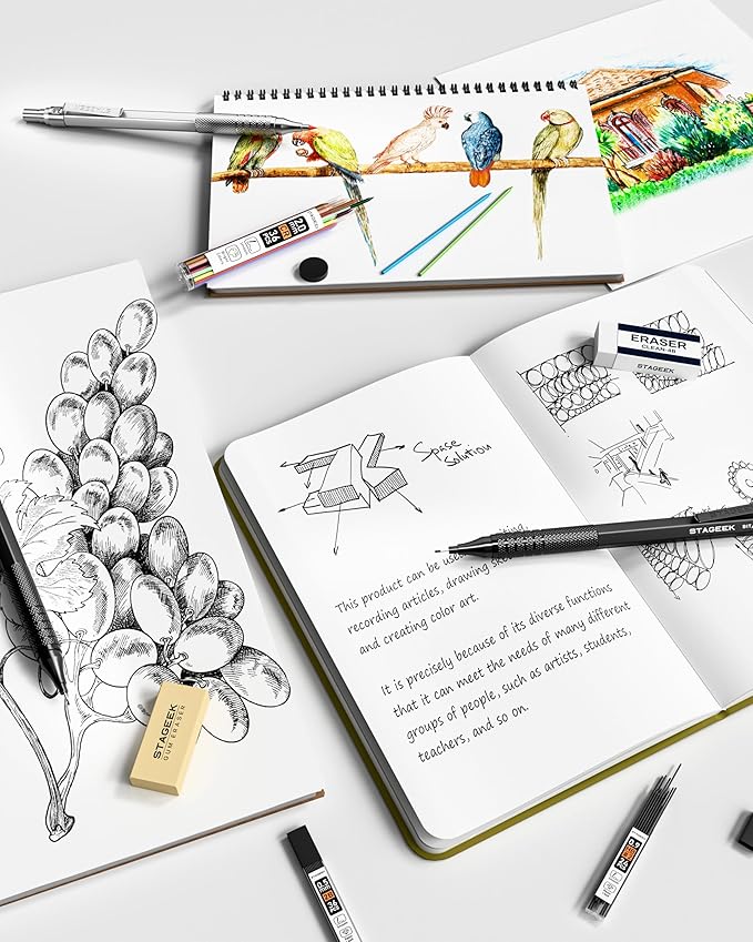 45PCS Black & Silver Metal Mechanical Pencil Set in Leather Case, 0.5, 0.7, 0.9, 2.0mm Drafting Pencils with 28 Tubes(6B 4B 2B HB 2H 4H & Colors)Lead Refills for Art Drawing, Sketching,Writing