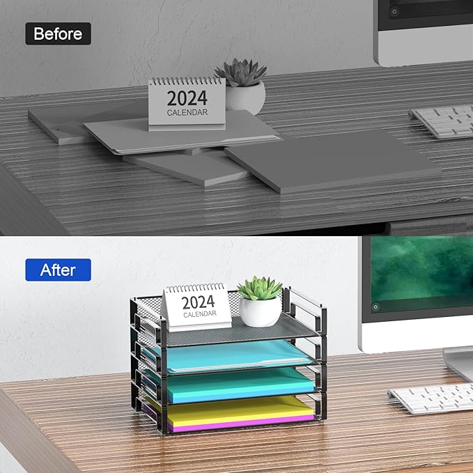 Samstar 4 Pack Stackable Letter Paper Tray, Desk File Organizer Paper Sorter for Letter/A4 Size Folders Documents, Mesh Made