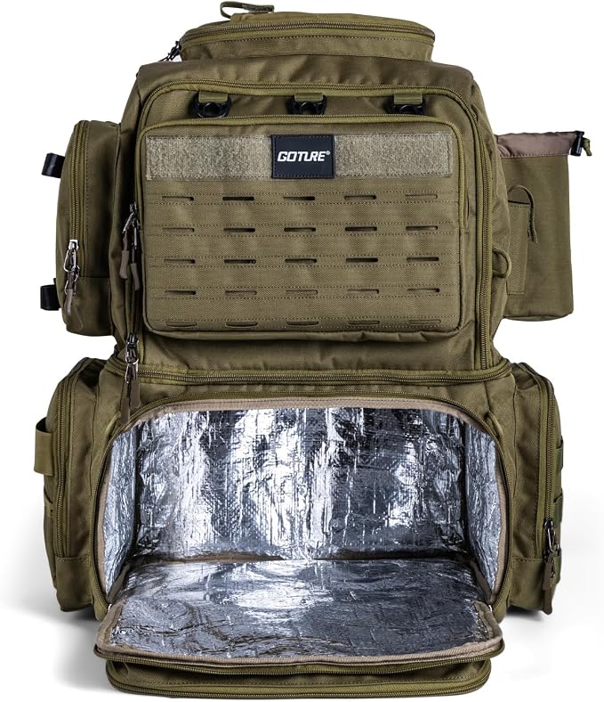 Goture Fishing Backpack, 53L 600D Water-Resistant Insulated Tackle Backpack with Cooler, Rod Holders, 8 Lure Pockets, Rain Cover, Gear Storage Large Fishing Bag for Camping Hiking(Without Tackle Box)