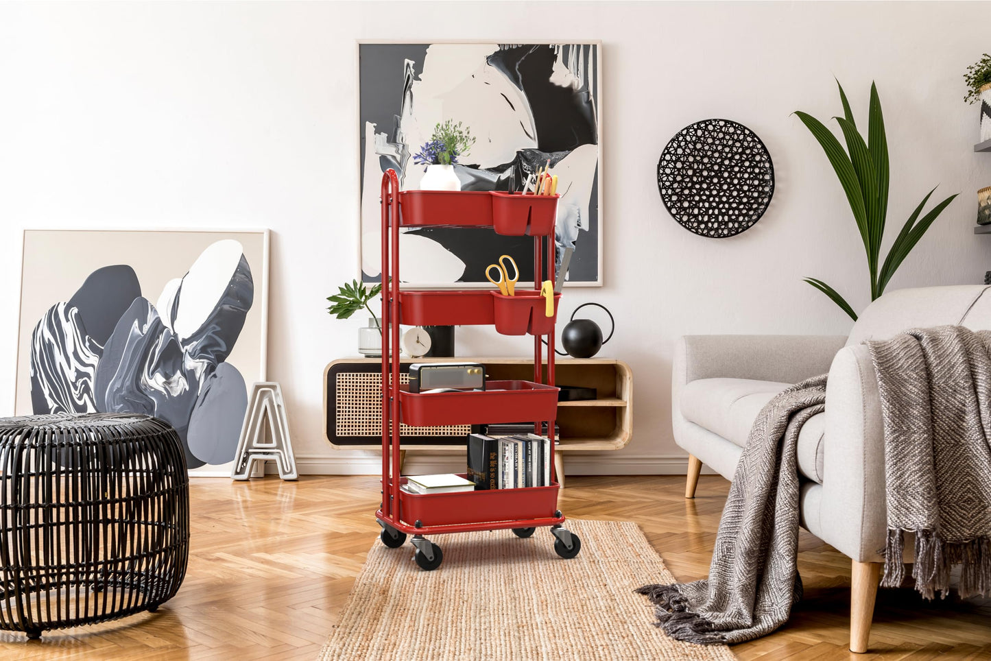 Simple Houseware 4-Tier Multifunctional Rolling Utility Cart with Hanging Buckets, Red