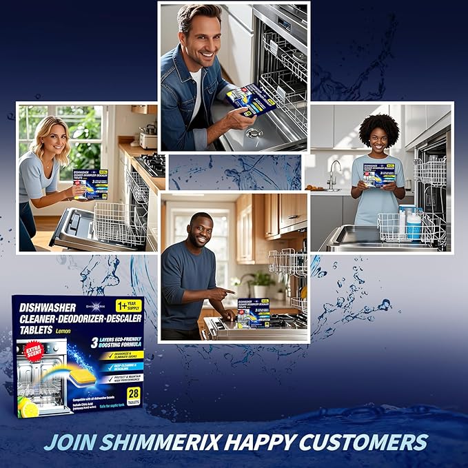 Dishwasher Cleaner Deodorizer Descaler Tablets - 28 Tabs - 1 Plus Year Supply - Extra Scented Deep Cleaning Sanitizer Pods - Remove Hard Water - Contain Citric Acid Heavy Duty Septic Safe - Lemon