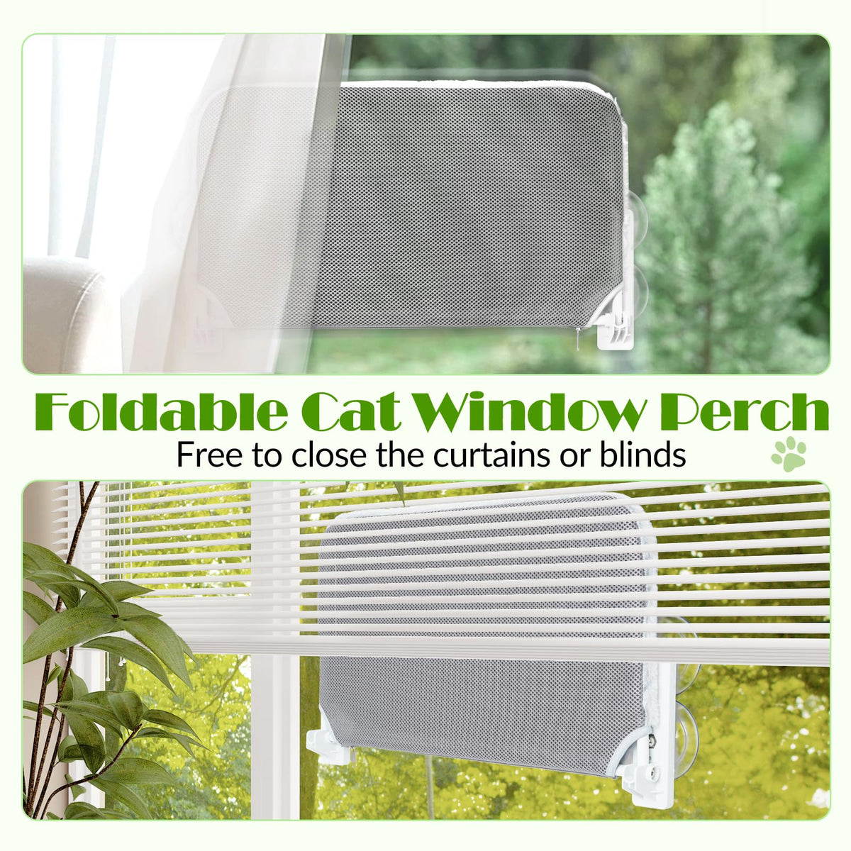 keny Cordless Cat Window Perch, Foldable Cat Window Hammock with 4 Suction Cups, Reversible Cover with Two Different Kinds of Fabrics, 40Lbs Load Capacity Sturdy Cat Window Bed for Cats Inside, Grey