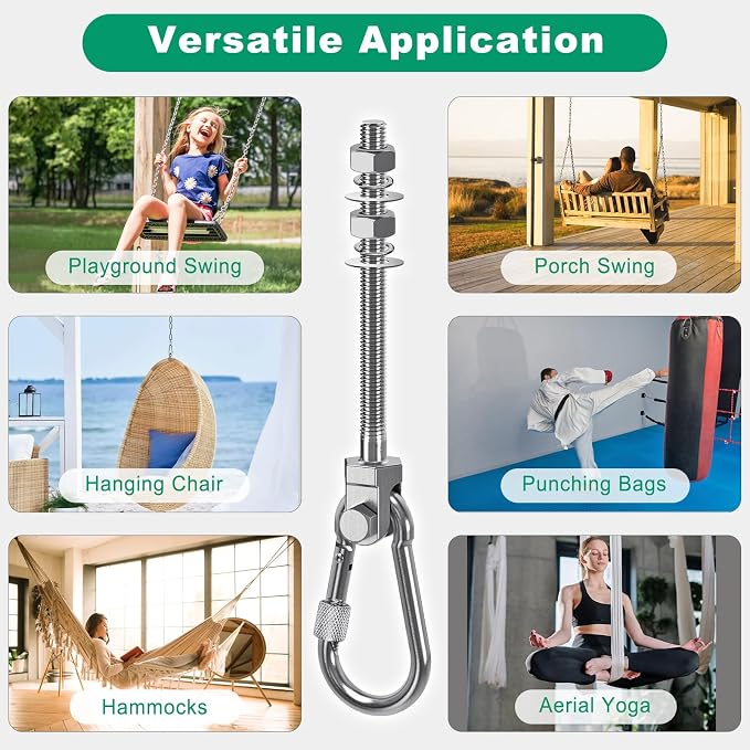 SELEWARE 6Pcs Heavy Duty Swing Hangers, 1500LB Capacity Stainless Steel Swing Set Hooks for Wood/Steel Beam, 5" x M2/5" Porch Swing Hardware for Playground Swing Hammock Chair Yoga Silk Punching Bag