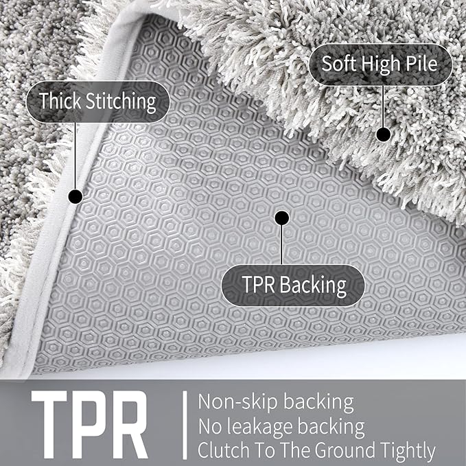 Yimobra Bathroom Rug Set 2 Piece, Soft Absorbent Microfiber Bath Mat Set, Non Slip Machine Washable Dry, Plush Shaggy Shower Rugs for Bathroom Floor, 32"x20"+24"x17", Light Gray and White