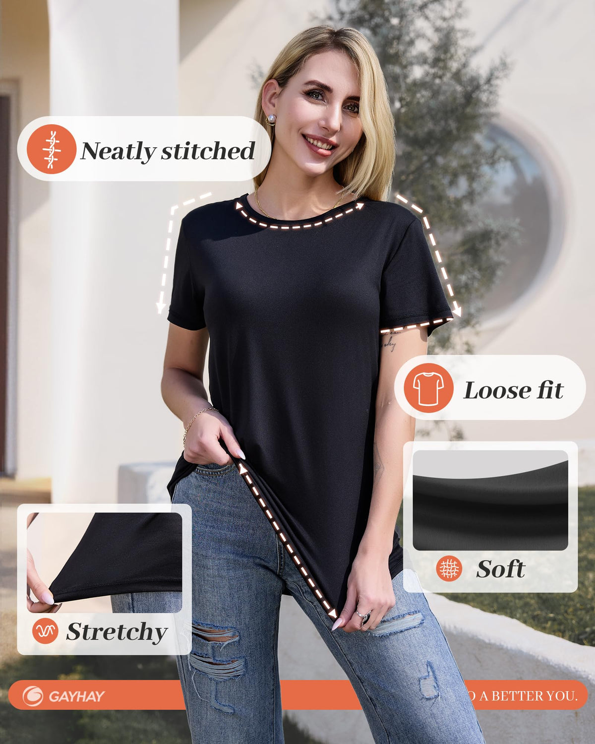 GAYHAY T-Shirts for Women - Black Short Sleeve Basic Tees Soft Crew Neck Trendy Summer Tops for Casual Vacation 2025