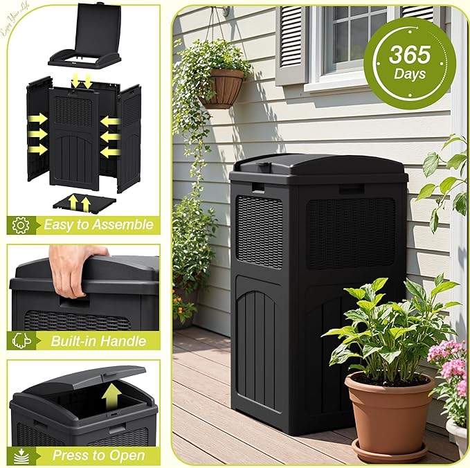 Greesum 33 Gallon Outdoor Trash Can with Lid, Waterproof Resin Garbage Bin for Hideaway, Deck, Patio, Dark Black