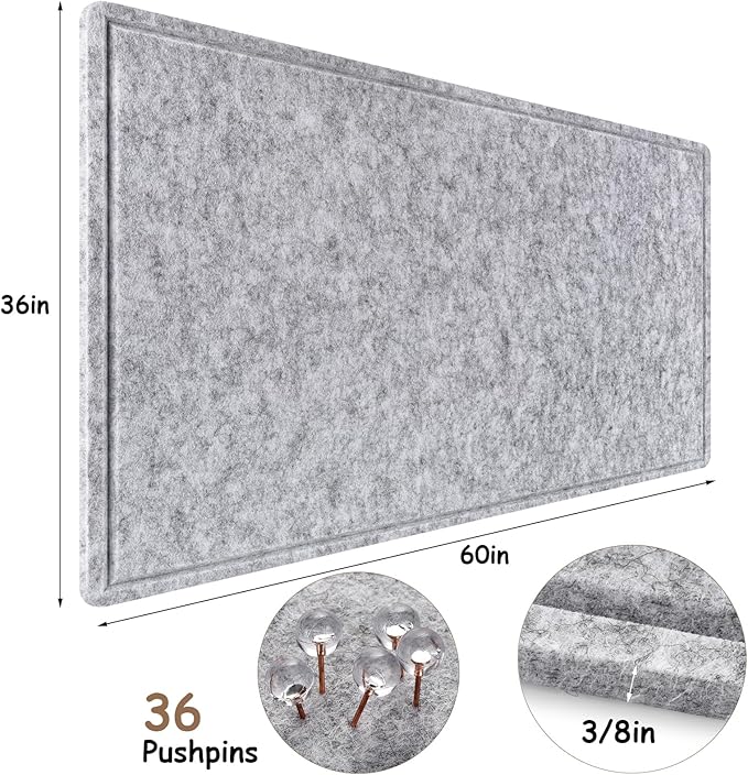 Large Bulletin Board, Foldable 60x36 Inches Cork Board Alternative, Large Felt Board Decorative Pin Board for Wall, Foldable Photo Board Self-Adhesive Vision Board with 36 Pushpins Light Gray
