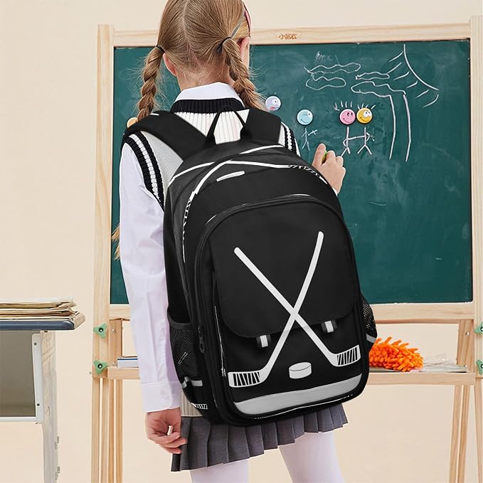 Fisyme Hockey Stick Puck Black School Backpack Laptop Backpack Bags Bookbag Travel Casual Computer Notebooks Daypack