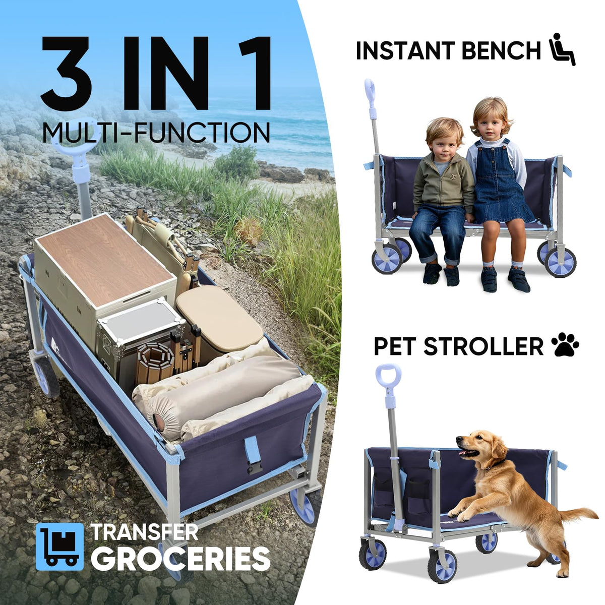 Sunula Foldable Wagon Cart 220lbs- 3 in 1 Collapsible Wagon Cart with Wheels, 2 Cup Holders, for Groceries, Camping, Shopping, Garden, Pet Riding-1 Year Warranty