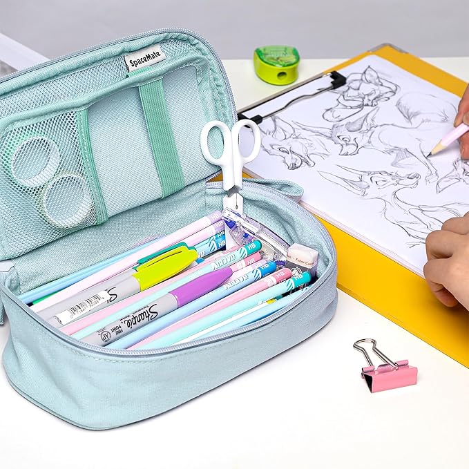 Pencil Case Pouch Box Bag School Supplies Girls Boys Kids, Cute Preppy Stuff Large Big Capacity Aesthetic Pen Organizer, Back to College Stationary, Eggshell Blue, Heavy Duty Canvas, 1800ml