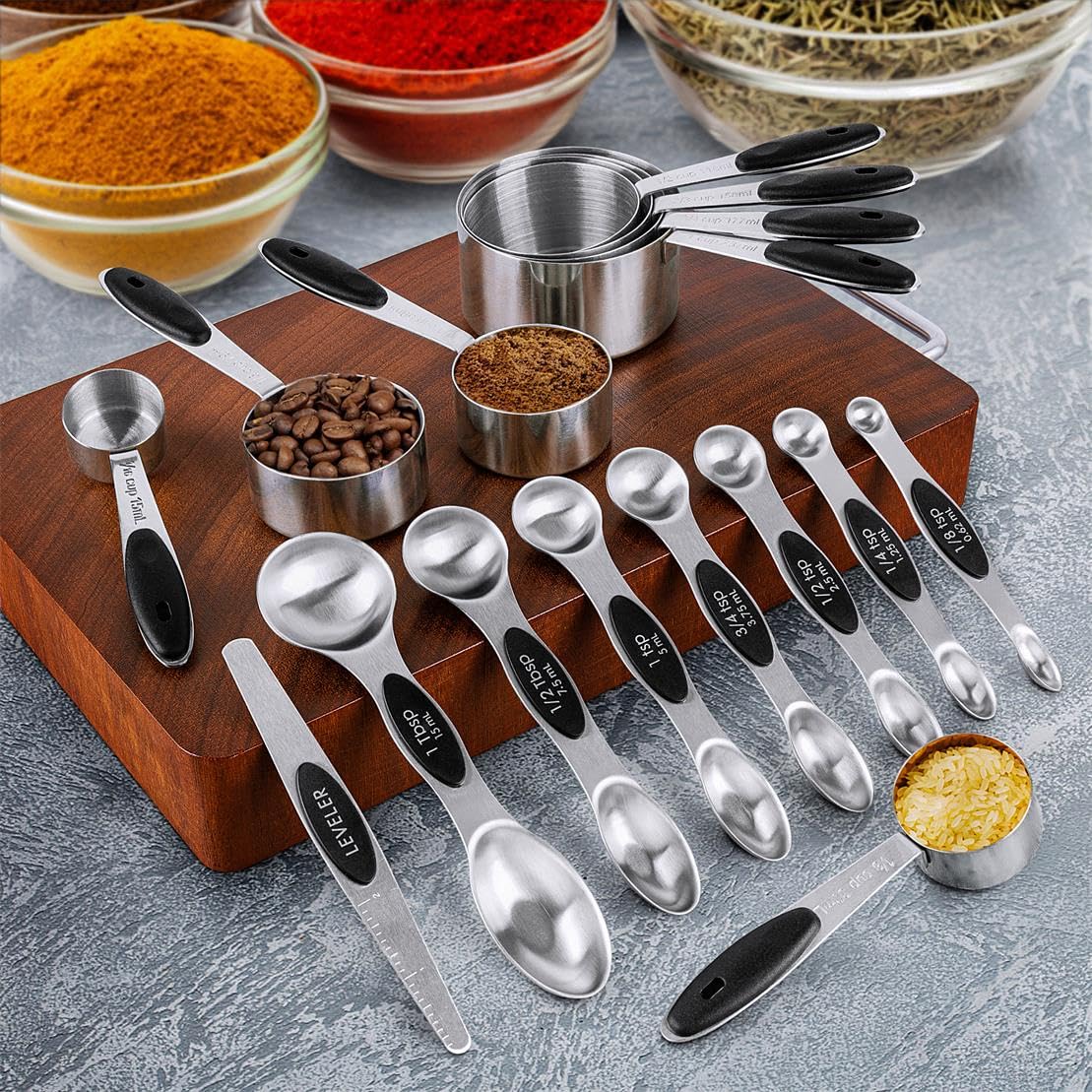 Measuring Cups & Spoons Set of 16, BOBIPRO Stainless Steel 8 Nesting Measure Cups Set & 7 double-sided Magnetic Measuring Spoons Set & 1 Leveler for Dry and Liquid Ingredient