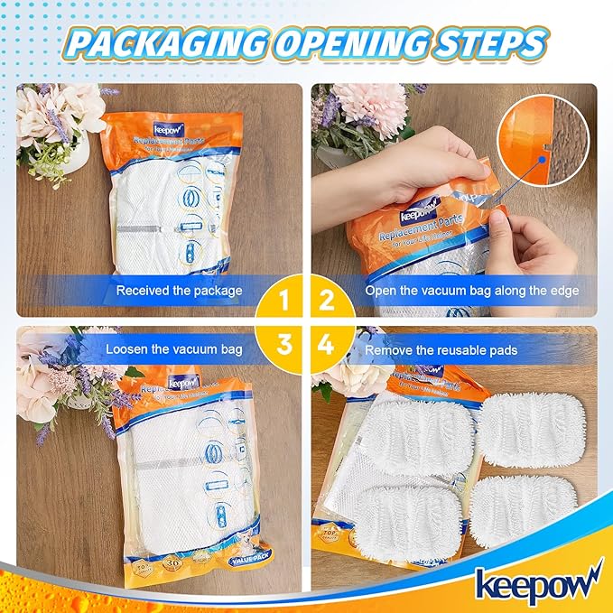 KEEPOW Reusable Microfiber Mop Pads Compatible with Swiffer Sweeper, Dry Sweeping Cloths, Washable Wet Mopping Cloth Refills for Hardwood Floor Cleaning, 4 Pack