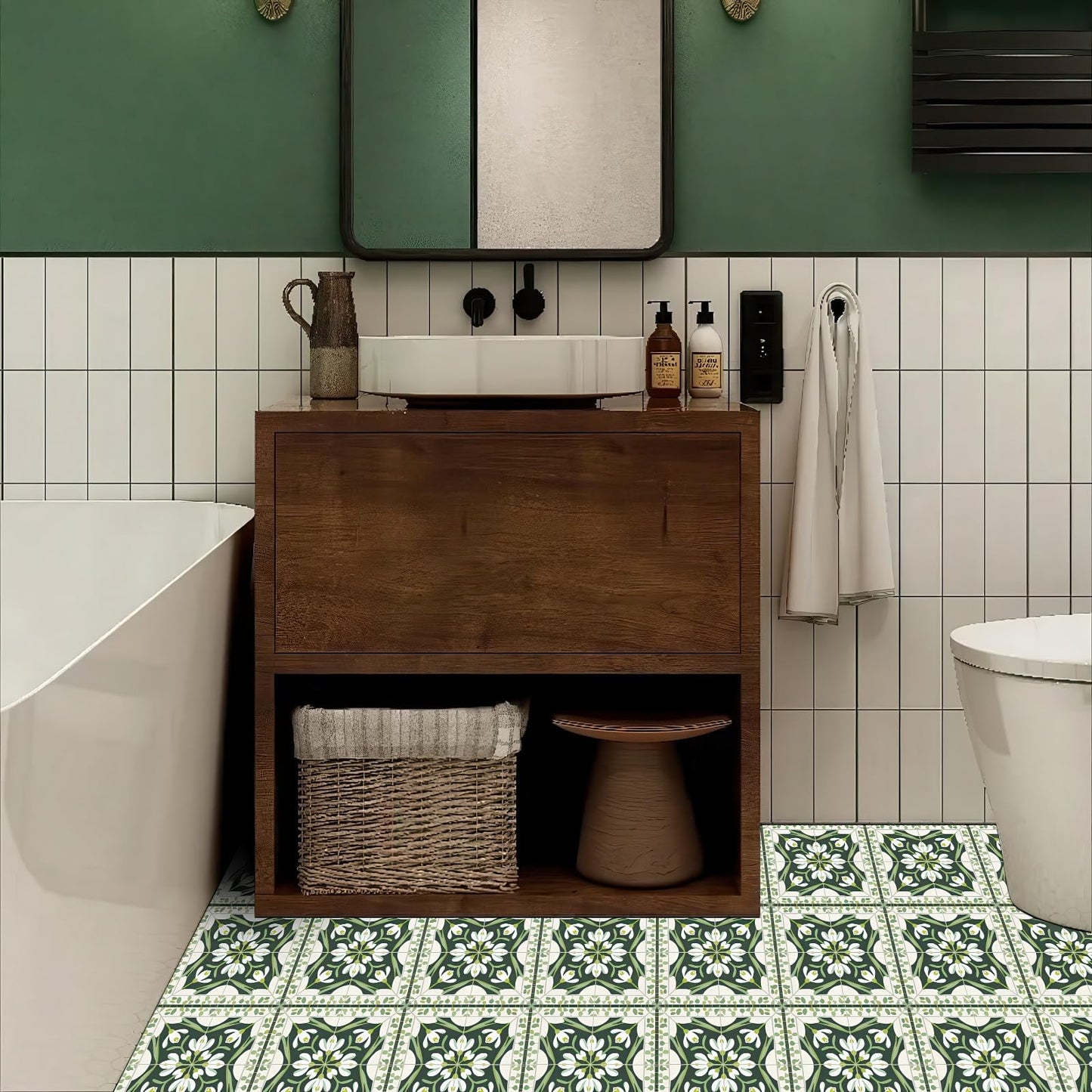 HOMETITUTE 10PCS 12x12 Inch Green Snowdrop Botanical Pattern Floor Tiles Peel and Stick Removable Self Adhesive DIY Vinyl Flooring Stickers for Kitchen Bathroom Living Room Entryway Home Decor