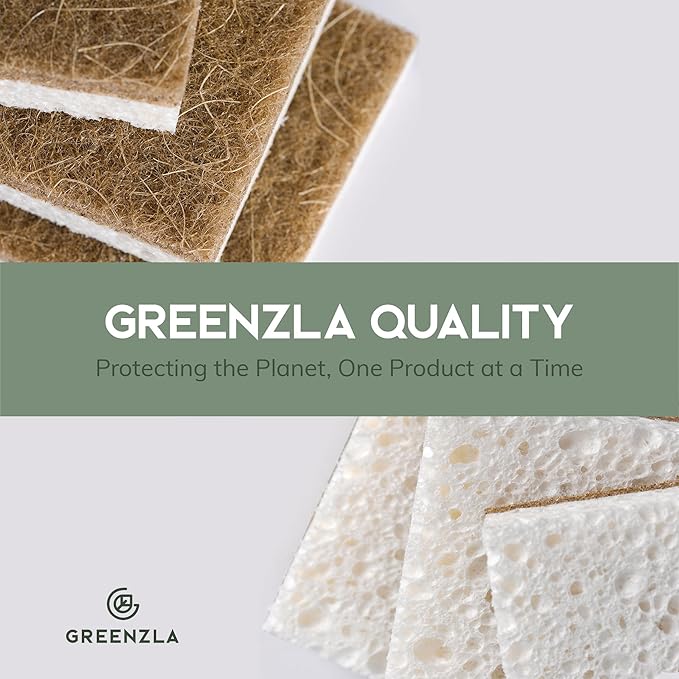 Greenzla Kitchen Sponges, Odor Free Plant-Based Dish Sponges, Non-Scratch Sisal Hemp Scouring Pads for Dishes, Countertops, Bathtubs, and Tiles, 6 Pack