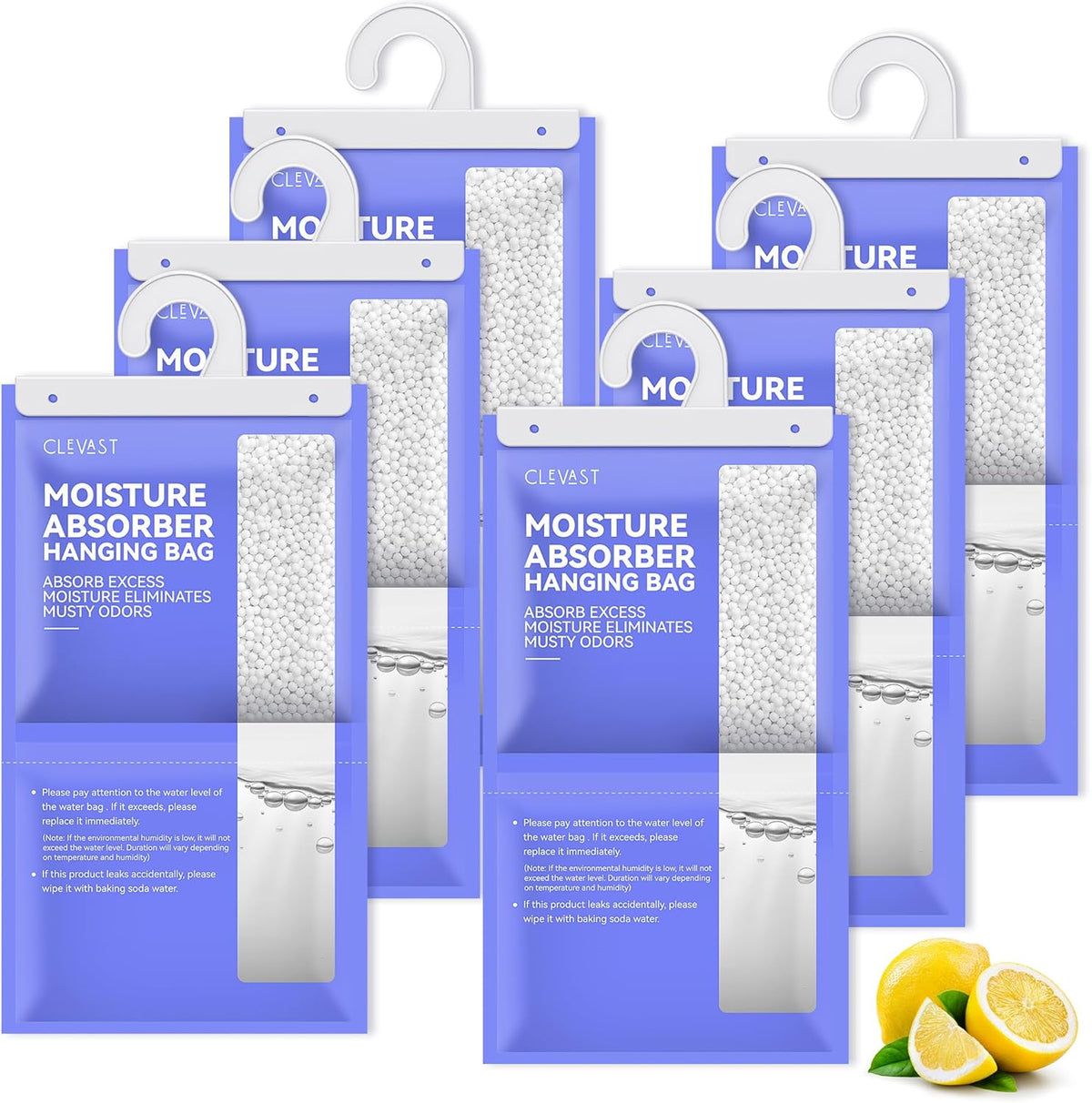 CLEVAST Moisture Absorbers Packets, 15.2 OZ, 6 Pack, Lemon Fragrance Big Dehumidifier Bags for Closet, Hanging Humidity Absorber in Wardrobes, Bedrooms, Bathrooms