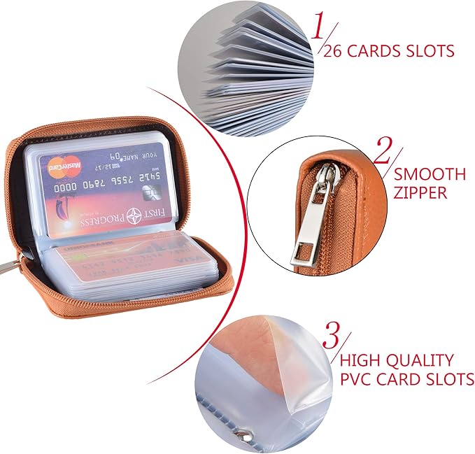 Easyoulife Genuine Leather Credit Card Holder Zipper Wallet With 26 Card Slots