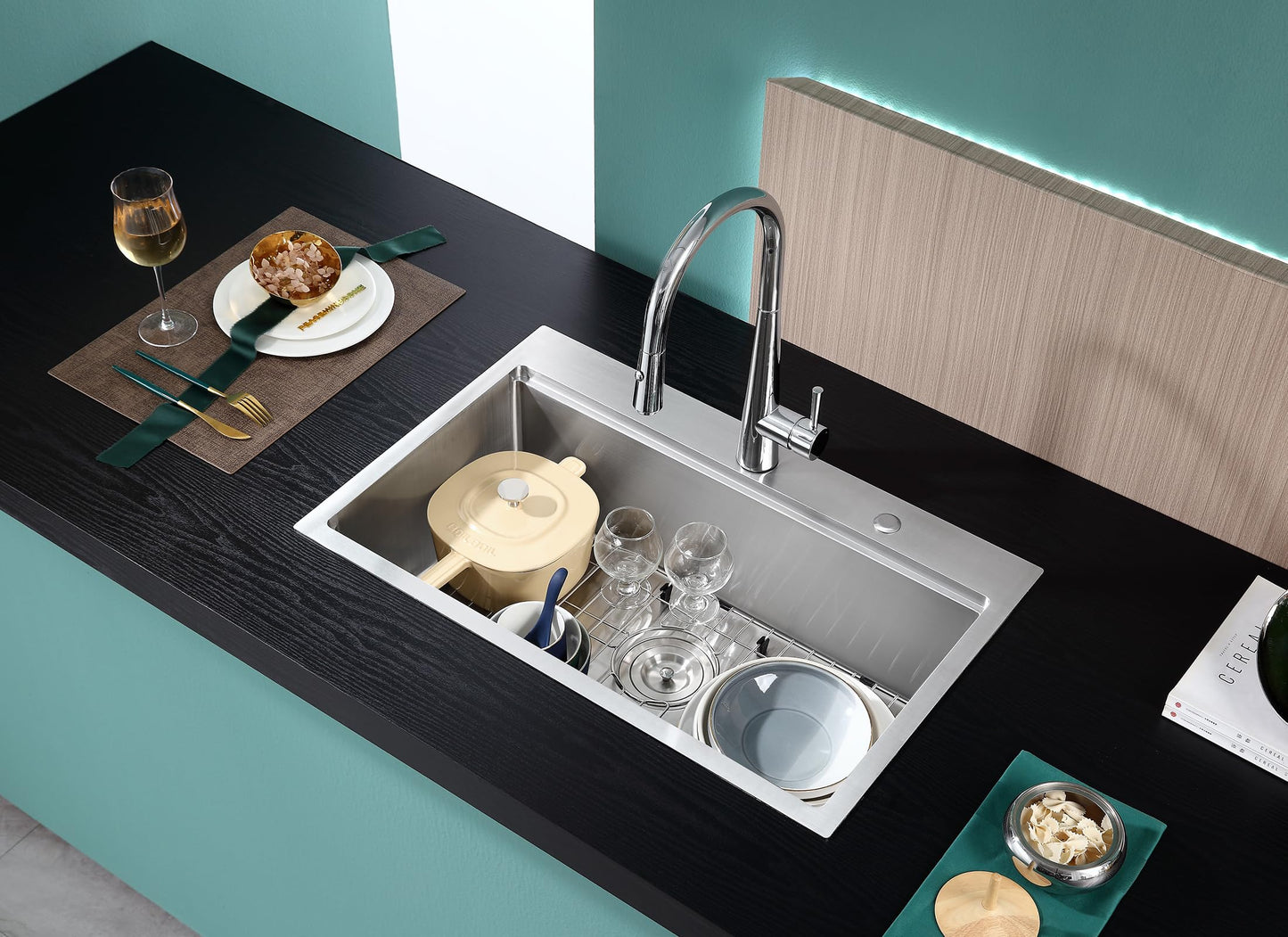 MENATT 28 inch Drop In Kitchen Sink with Ledge, 2 Faucet Hole Single Bowl Workstation Sink, 18 Gauge 304 Stainless Steel Top Mount Kitchen Sink with Accessories
