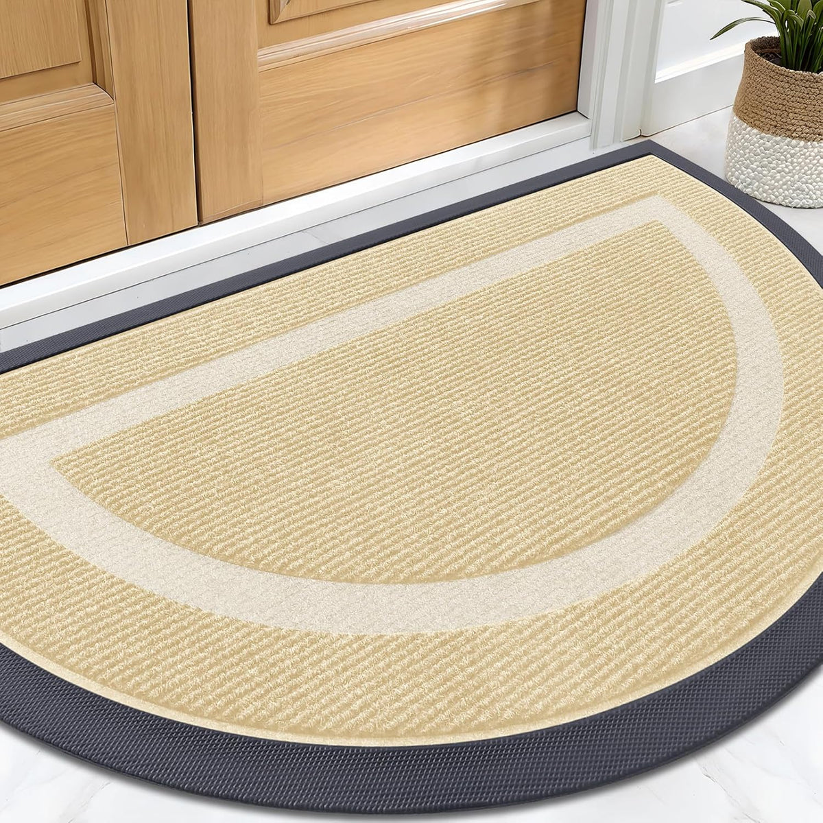 OLANLY Half Circle Door Mat Indoor Outdoor Entrance Welcome, Waterproof All-Season, All-Weather Doormat, Sturdy Natural Rubber, Low Profile, Easy Clean Patio Porch Entryway Mat, 29.5x17, Beige