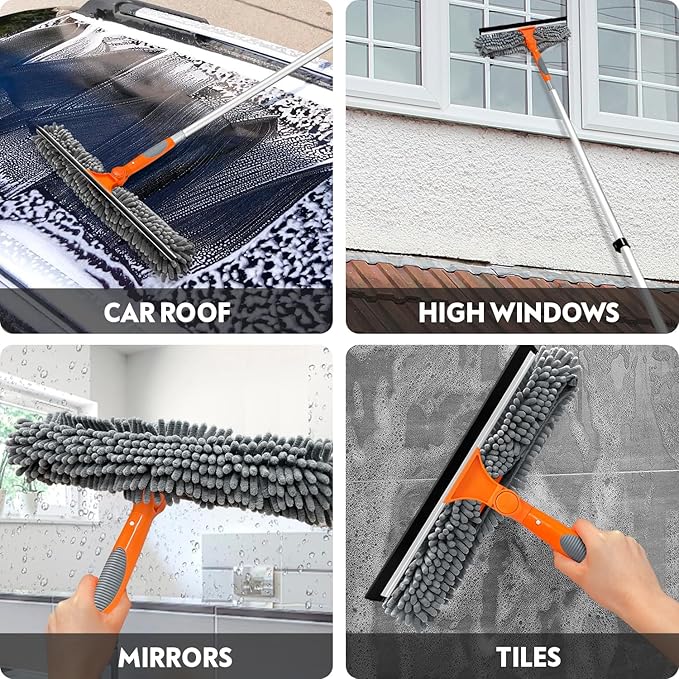 5-12ft Squeegee & 20Ft Reach Window Washer - 14" Extra-Large 2-in-1 Window Cleaner Tool with Extra-Thick Aluminum Telescopic Extension Pole for Indoor/Outdoor, RV, Truck Glass